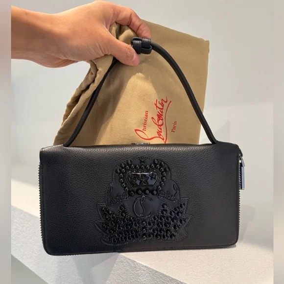 NEW Christian Louboutin Panettone Studs Logo Black Purse Zip Clutch Big Wallet - Picture 1 of 16